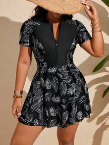 Swim Mulvari Plus Size Women Leaf Print Zipper Modest Tankini Swimwear Set - Black and White - View 4