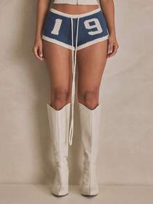 MUSERA Quần short mini dệt kim họa tiết, thắt eo, phối màu tương phản, thích hợp cho mùa hè, thể thao, thường ngày, phong cách đường phố. - Nhiều màu - Xem 3