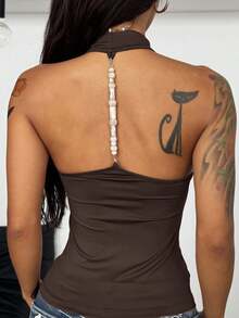 Coolane 女士夏季文艺复兴集市西部牛仔风Y2K辣妹风垂褶领修身露背串珠吊带上衣 - 棕色 - 查看 2