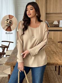 SHEIN LUNE Camisa Cáqui Ombro a Ombro de Manga Longa com Botões Metálicos, Adequada para Férias Casuais na Primavera e Verão, Plus Size para Mulheres - Caqui - Visão 6