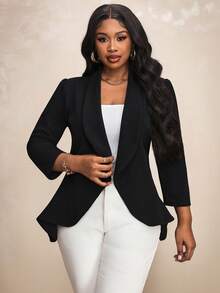 Truni Plus Size Shawl Collar Asymmetrical Hem Blazer In Fall/Winter, For Pear & Triangle Body Shape - Black - View 6