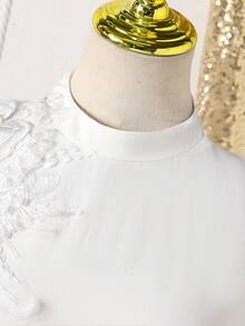 Tween Girls Elegant Ladylike Evening Banquet Solemn Mesh Collar Beaded 3D Flower Sleeveless White Top + Gold Mid-Length Skirt Vest Suit - White - View 4