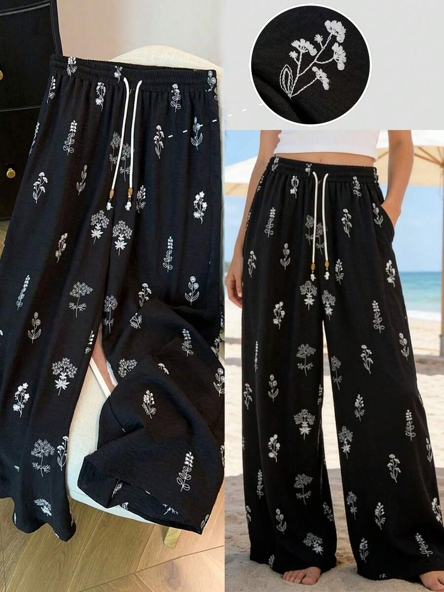 GlowEve CURVE 大码女式花卉刺绣宽松长裤，法式优雅女士通勤休闲运动服 - 黑色 - 查看 1