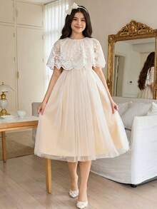 SHEIN 少女蕾丝网纱束腰派对鸡尾酒公主裙 - 白色 - 查看 1