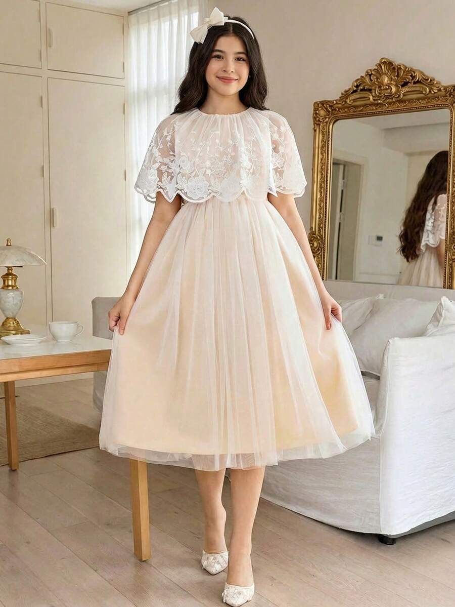 SHEIN 少女蕾丝网纱束腰派对鸡尾酒公主裙 - 白色 - 查看 1