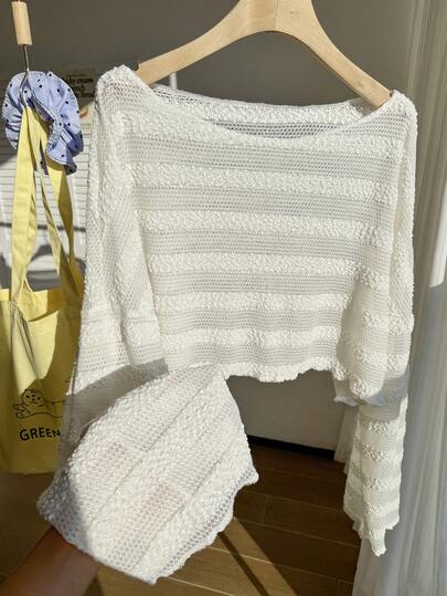 SHEIN EZwear 加大码白色钩针长袖罩衫，适合春夏度假穿着