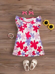 SHEIN Baby Girl Cute Casual Knitted Elastic Colorful Pattern Flutter Sleeve Dress,Summer Toddler Floral Print - Multicolor - View 5