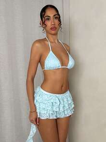 Glamine 3pcs Women's Sexy Jacquard V-Neck Halter Bikini Top, Triangle Bottoms, Ruffle Hem Skirt Swimsuit Set, Summer - Baby Blue - View 3