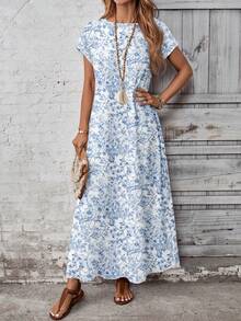 EMERY ROSE Vestido casual de vacaciones con estampado floral de talla grande - Azul y blanco - Ver 3