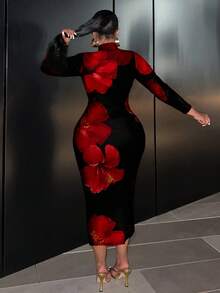 Slaydiva Robe longue à manches longues ajustée avec imprimé floral tropical, décontractée et convenant aux grandes tailles, idéale pour les vacances - Multicolore - Voir 2