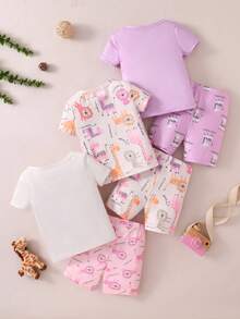 3pcs/Set Cartoon Lion, Giraffe, Zebra Printed Round Neck Short Sleeve Top & Shorts Snug Fit Home Wear For Baby Girls - Multicolor - View 2