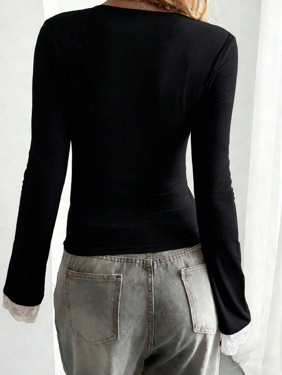Women's V-Neck Lace Patchwork Fitted Long Sleeve Tie Design Casual Sexy T-Shirt Y2k