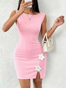 SHEIN Raffinéa 3D立体花卉装饰开衩法式无袖迷你连衣裙 - 粉色 - 查看 3