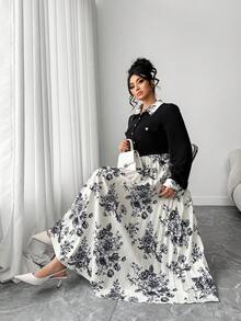 SHEIN Elenzya Robe décontractée à manches longues avec taille cintrée et imprimé, tailles grandes