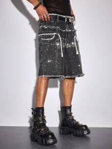 ROMWE MEN 男士带口袋做旧腰带水钻装饰牛仔短裤 - 灰色 - 查看 3