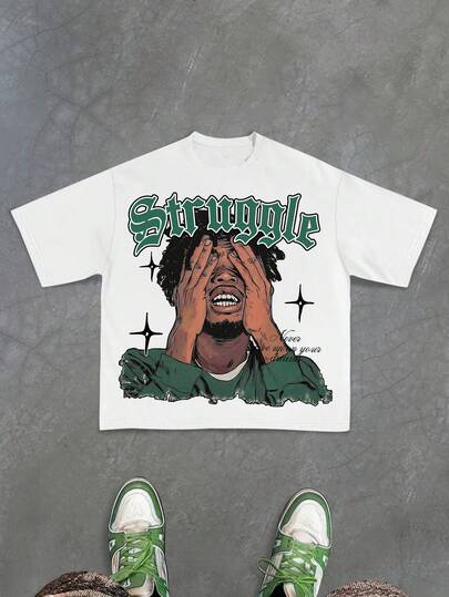 Manfinity EMRG Camiseta de manga corta de cuello redondo con estampado gráfico de retrato y letra, estilo casual de calle para hombre, primavera/verano