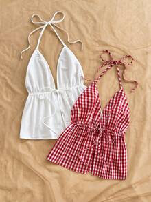 Soleia Camiseta de tirantes con cuello halter, cintura con lazo y dobladillo con volantes para mujer - Multicolor - Ver 4