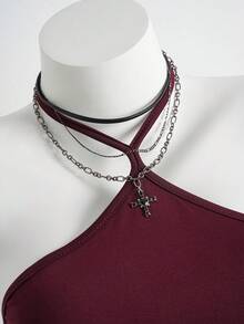 Elamini Women's Sleeveless Open Shoulder Tie-Up Waist Layered Ruffle Hem Mini Dress, Suitable For Spring, Summer, Autumn - Burgundy - View 3