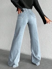 SHEIN 100%Cotton High Waist Wide Leg Jeans PETİTE - Baby Blue - View 2