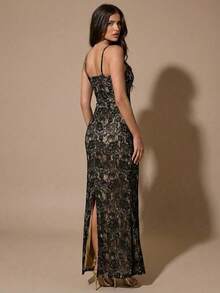 SHEIN BAE Schwarzes Spitzenkleid mit Spaghettiträgern, schlanke Passform, elegantes minimalistisches Design, geeignet für Cocktailpartys, romantische Dates, Zusammenkünfte, Brautjungfernkleider, Abendausgänge, Halloween, Weihnachten, Neujahr, Valentinstag, Sommer, Teegesellschaften - Schwarz - Übersicht 2