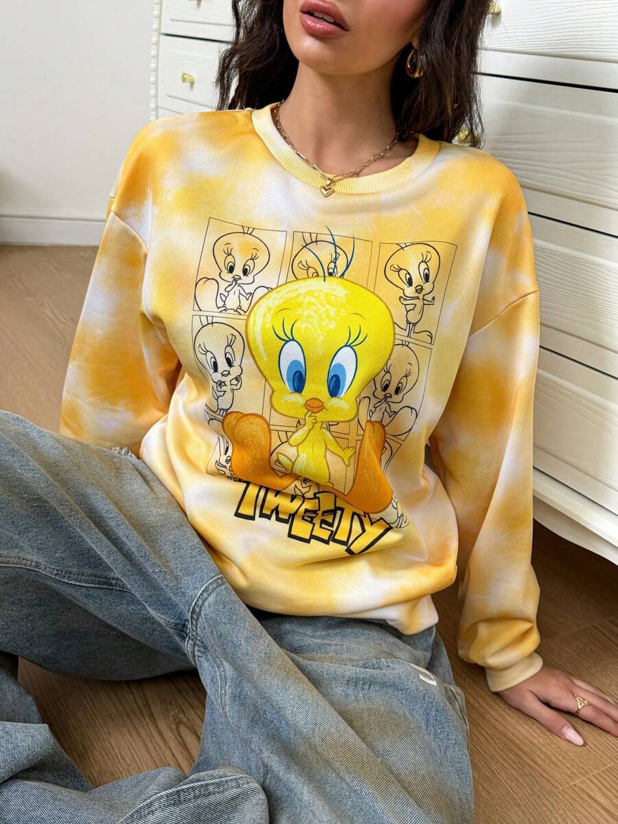 LOONEY TUNES X SHEIN 女式卡通字母扎染印花超大落肩套头衫，春秋季 - 黃色 - 查看 1