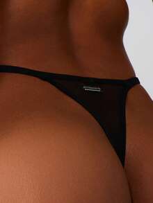 Missguided x Playboy Rhinestone Bunny Logo Hotfix Graphic Thong Panty Intimate Lingerie Underwear - Black - View 2