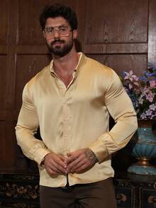 DAZY 杏色亮面休闲长袖衬衫，男士春夏款 - 杏色 - 查看 4