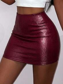BamGleam Women's Sexy Burgundy Bodycon Mini Skirt With Knot Detail In PU Leather Look - Burgundy - View 4