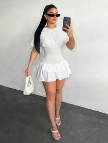 SHEIN SXY Women's Patchwork Shirt Collar Polo Neck Ruffle Hem Dress, White Ruffle Dress, White Plus Dress, Milkmaid Dress, White Dress,Going Out , - White - View 4