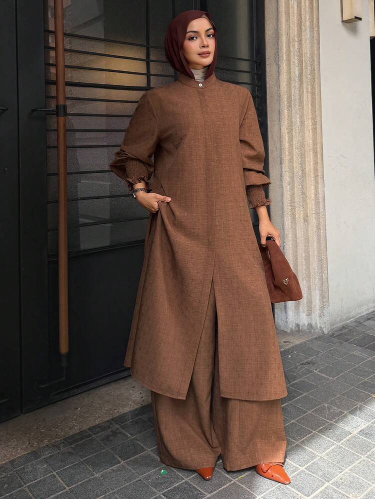 Women's Casual Loose Long Shirt And Wide Leg Pants 2 Pieces Set, Spring/Summer