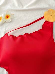 INAWLY 女士3D立体花卉装饰不对称镂空系带露背吊带衫 - 紅色 - 查看 7
