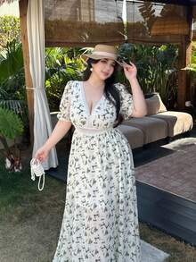 Vibekara 优雅复古法式花卉雪纺拼接镂空蕾丝边及膝V领泡泡袖腰带飘逸连衣裙，适合春、夏、秋季、度假、派对等场合。 - 彩色 - 查看 4