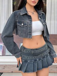 Rivivi Women's Long Sleeve Single-Breasted Frayed Hem Cropped Denim Jacket - Blue - View 3