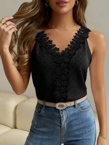 Pariaura Camiseta de tirantes casual y elegante con adorno de encaje para mujer - Negro - Ver 3