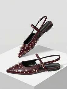 MOTF 女士金属铆钉平底套脚鞋 - 酒紅色 - 查看 5