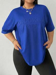 SHEIN CURVE+ Plus Size Women's Letter Embossed Round Neck Casual Versatile Daily Wear Short Sleeve T-Shirt - Navy Blue - View 3