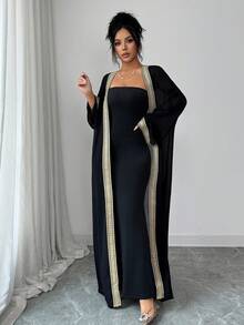 Rafferiza 2pcs Women's Spring/Autumn Outfits, Middle Eastern Abaya Dress & Bodycon Knit Dress, Black