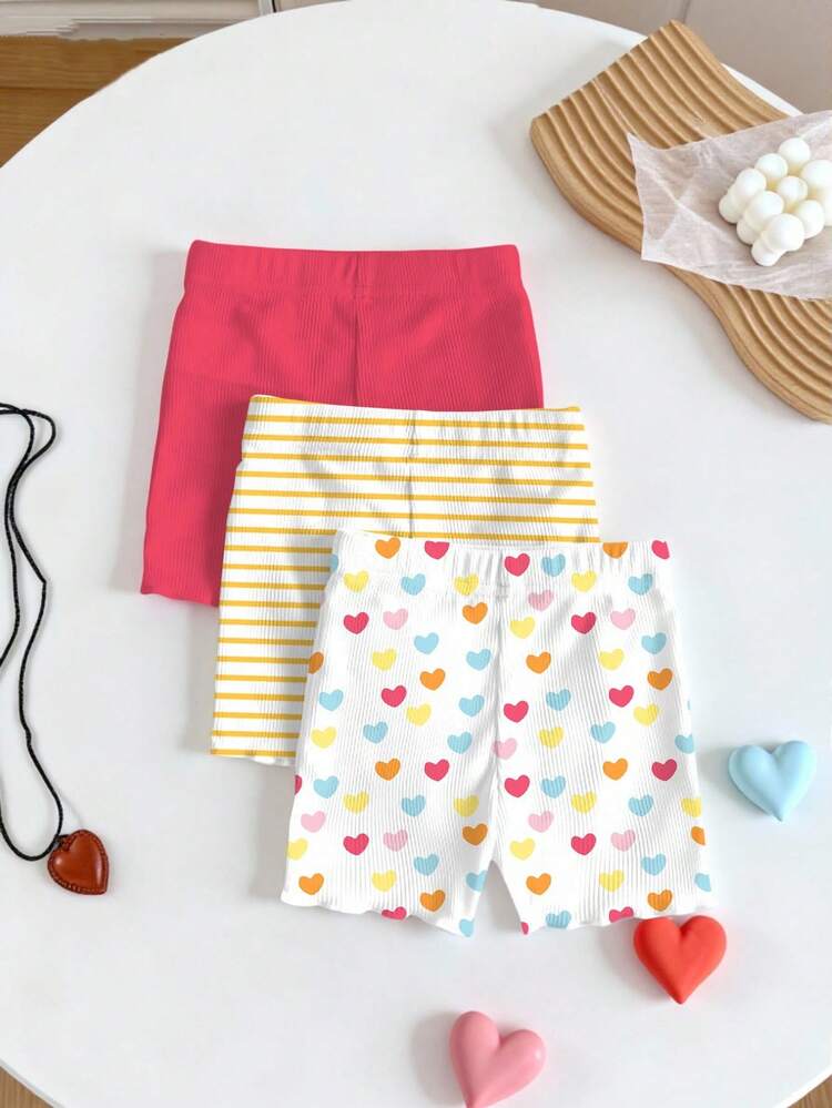 SHEIN Playful Pals 3件套女婴/幼儿休闲百搭彩色爱心条纹印花短裤，适合春夏日常穿着、外出和居家穿着 - 彩色 - 查看 2
