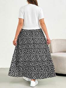 SHEIN Essnce Plus-Size Women's Summer Two Pieces Set, Short-Sleeved Set, Printed Half Skirt Two Pieces Set, Plus-Size Women's Casual And Comfortable Set, Printed Women's Clothing,Summer Outfits For Women Lounge Sets For Women Vacation Two Pieces Set 2 Piece Summer Outfit Summer Sets For Women 2 Piece Skirts Sets Two Peice Skirt Set Summer Long Skirt Sets Summer - White - View 2