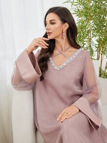 Al Najma 女士优雅水钻领网纱袖土耳其长款连衣裙，适合正式场合 - 粉色 - 查看 5