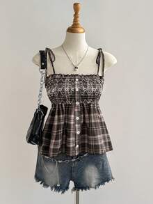 Sweetra Áo hai dây màu nâu thêu họa tiết kẻ caro cổ điển cho nữ, kiểu dáng thường ngày, thích hợp mặc vào mùa xuân/hè. - màu nâu - Xem 4