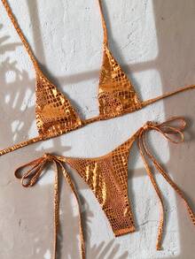 Swim SXY 2pcs/Set Snake Skin Textured Halter Neck Triangle Cup Bra And Side Tie Swim Bottoms Sexy Bikini Set, Spring/Summer Orange 2 Piece Set Beaded Bikini Rhinestone Bikini Orange Bikini Set Starfish Bikini - Orange - View 6