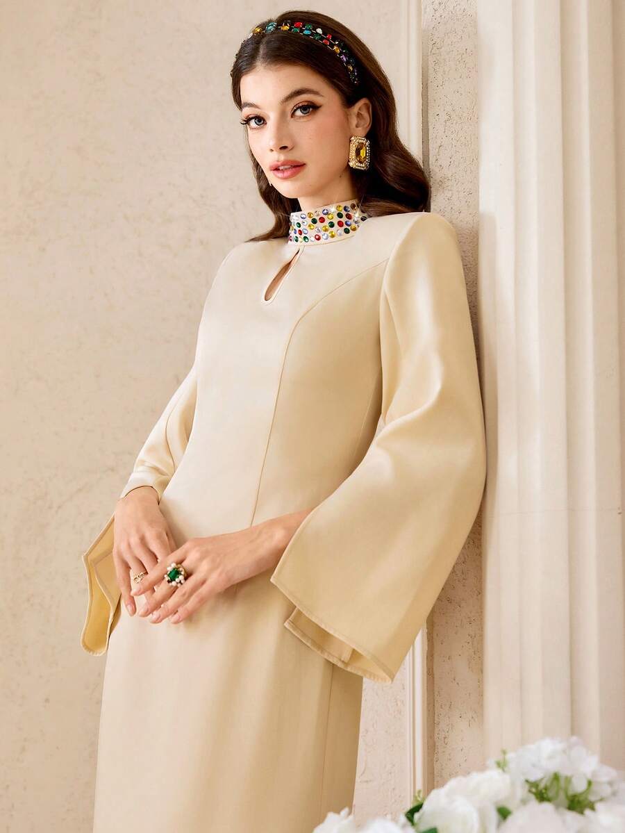 Modelyn Women's Elegant Party Rhinestone Decorated Dress Elegant Dress - Yellow - View 1