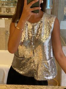 DAZY Women's Casual Sleeveless Round Neck Vest With Large Pockets - Silver - View 4