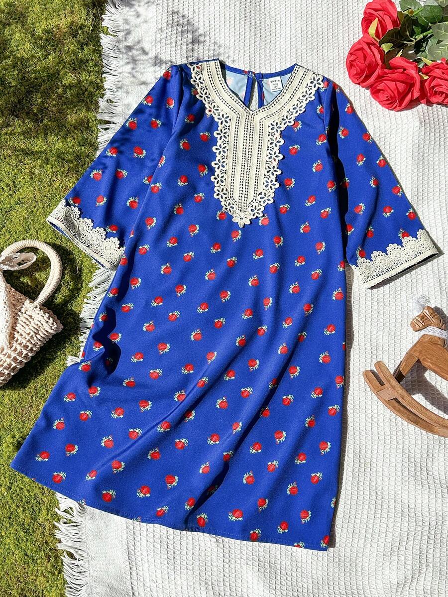 SHEIN 女童蓝色碎花长袖连衣裙，荷叶边设计，时尚优雅，适合日常穿着，春秋季 - 藍色 - 查看 1