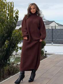 Jeta Ari 休闲日常纯色高领宽松插肩袖毛衣连衣裙，秋冬 - 棕色 - 查看 1