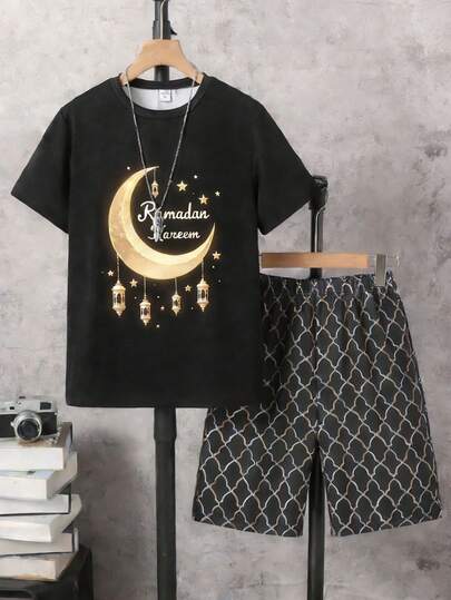 Boys' Star & Moon Middle Eastern Festival Short Sleeve Crew Neck T-Shirt & Shorts Set Summer Sets For Boy
