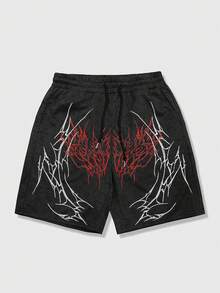 ROMWE MEN 男士哥特式图案抽绳腰带口袋休闲百搭日常短裤 - 黑色 - 查看 1