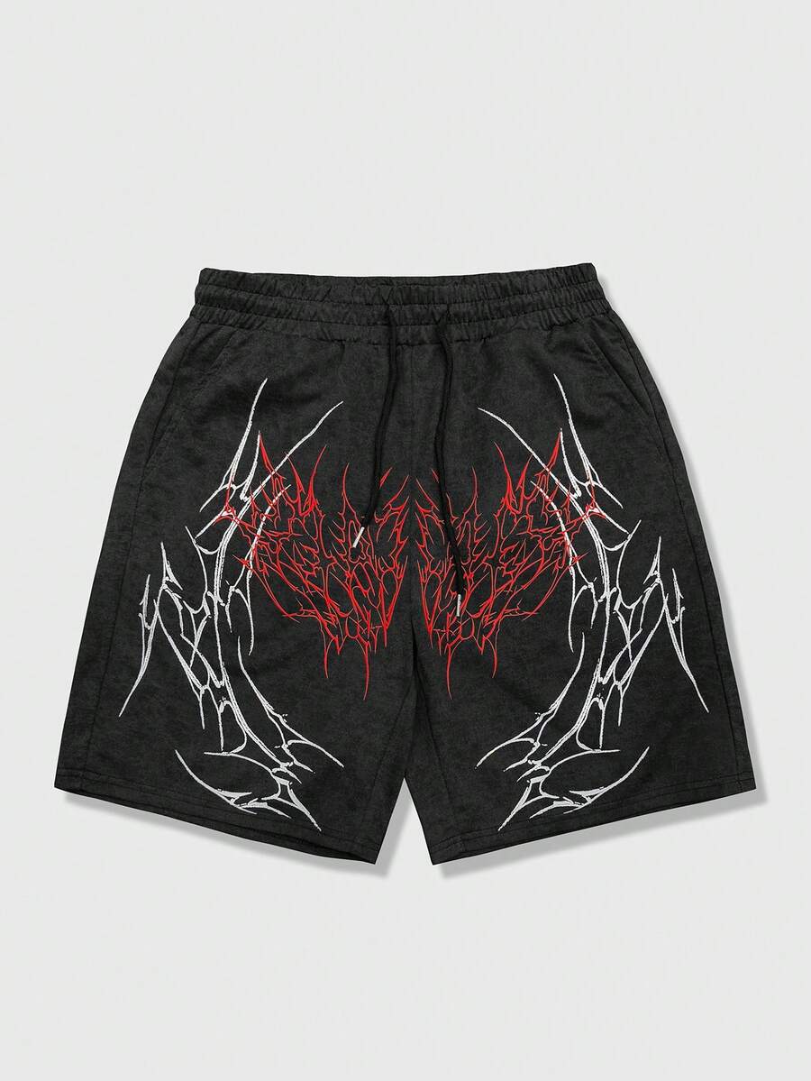 ROMWE MEN 男士哥特式图案抽绳腰带口袋休闲百搭日常短裤 - 黑色 - 查看 1