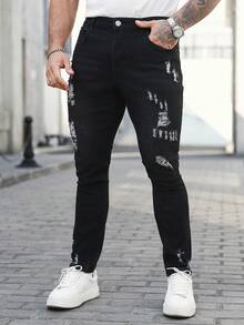 Manfinity Homme 男士口袋做旧修身休闲牛仔裤 - 黑色 - 查看 4